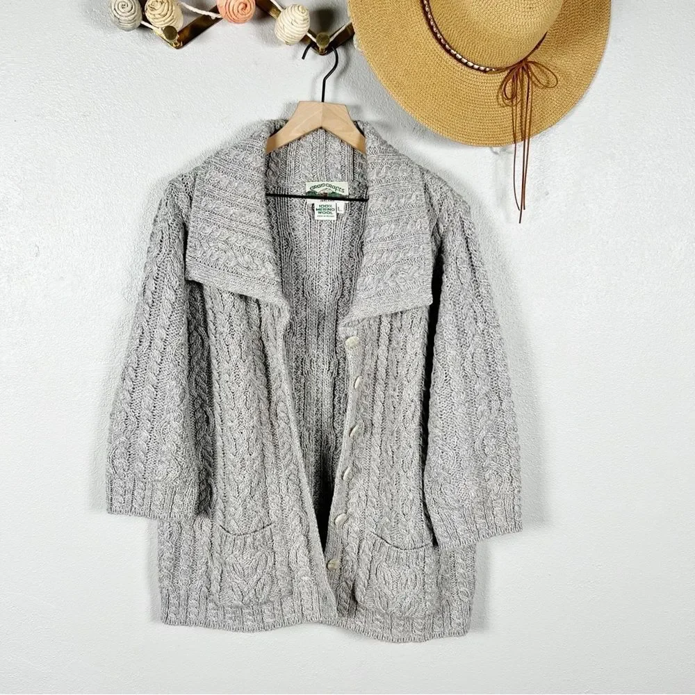 Aran Craft Ireland Merino Wool Fisherman Cable Knit Cardigan Sweater Gray Large